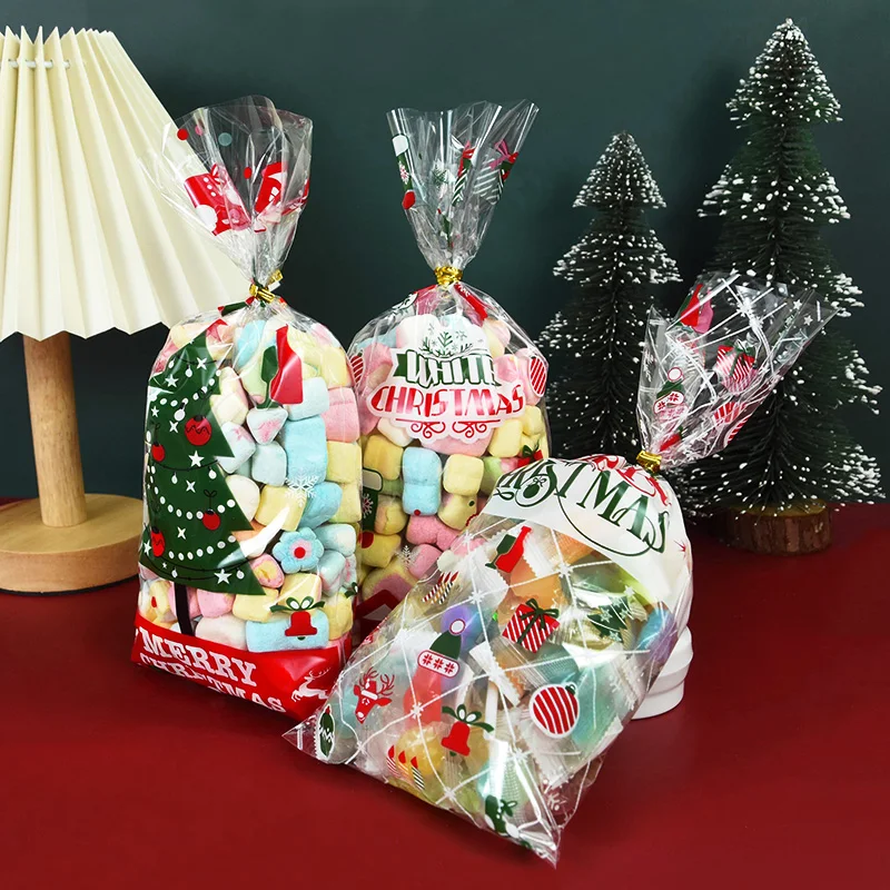 

50pcs Christmas Happy Cartoon Transparent Candy Bag Christmas Party Dessert Cookies Chocolate Packaging New Year Happy Gift Bags