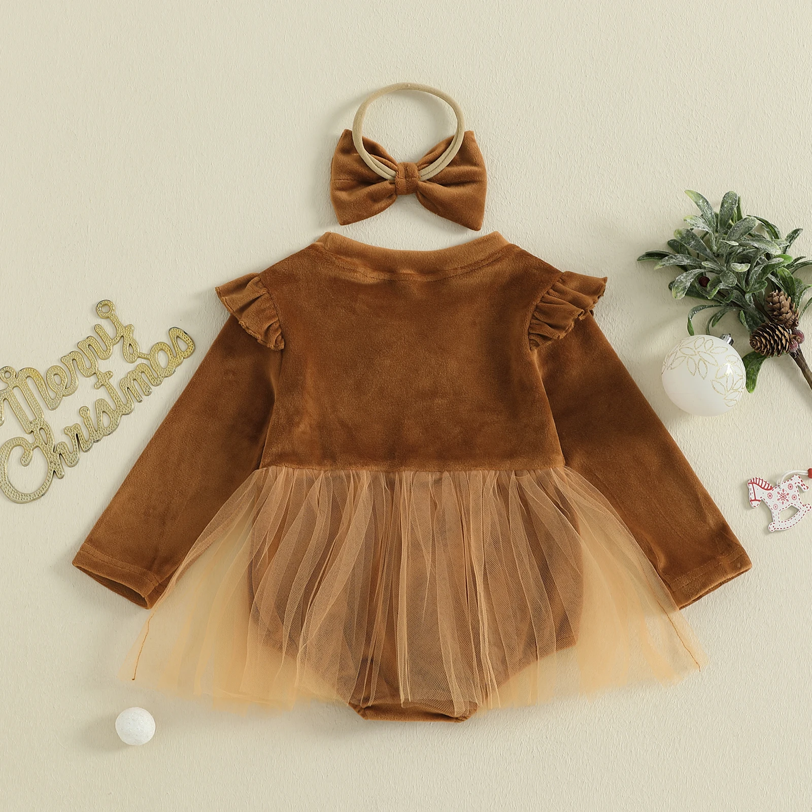 Newborn Baby Girl Christmas Romper Outfit Gingerbread Man Long Sleeve Jumpsuit Dress Bow Headband 2 Piece Set