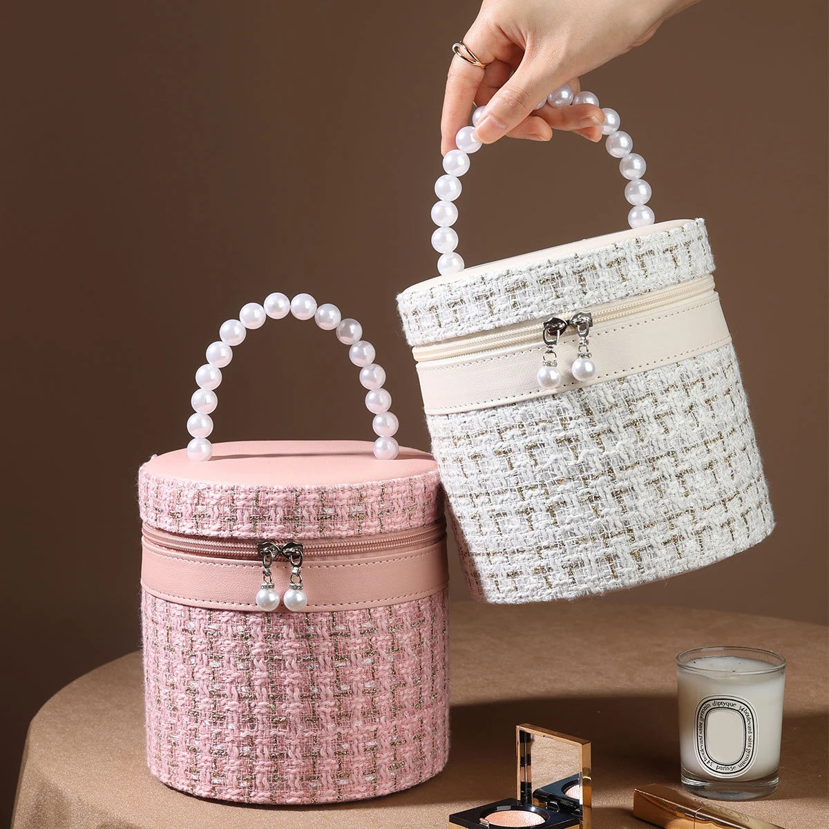 New Round Bucket Makeup Bag Women Polyester Liner High-capacity Cosmetic Bags For Women Leisure Portable Storage Makeup Handbag