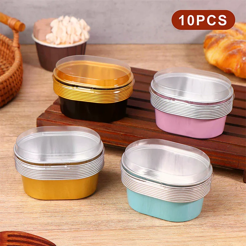 10Pcs Aluminum Foil Cupcake Cups With Lids Non-Stick Foil Baking Cups 68ml Oval Pudding Dessert Cups Wedding Party Supplies