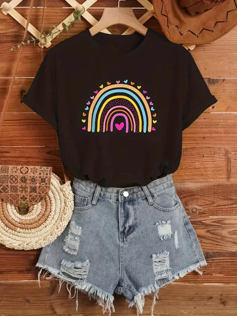 Heart and Rainbow Print Crew Neck Casual Short Sleeve Print Funny Designer shirt Vintage Summer Graphic T-shirt for Women