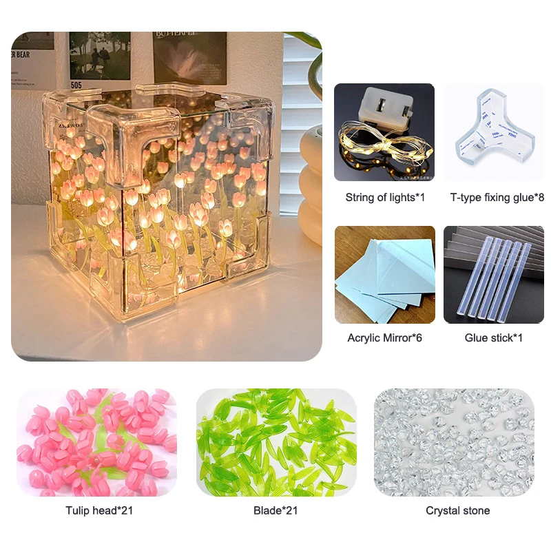 21PCS Tulip Nightlight Handmade DIY Material Cube Tulip Mirror Bedroom Decor Atmosphere Lamp Valentine's Day Birthday Gift