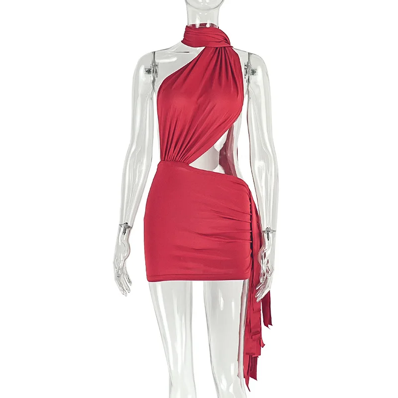 STYLISH LADY Hollow Out Draped Dress 2025 Summer Women Halter Backless Asymmetric Sexy Club Party Bodycon Bandage Mini Dresses
