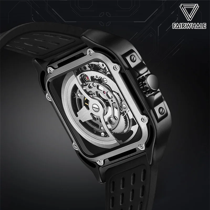 Montre mécanique carrée avec bracelet en silicone pour homme, horloge noire, montres de sport à la mode, modules de haute qualité