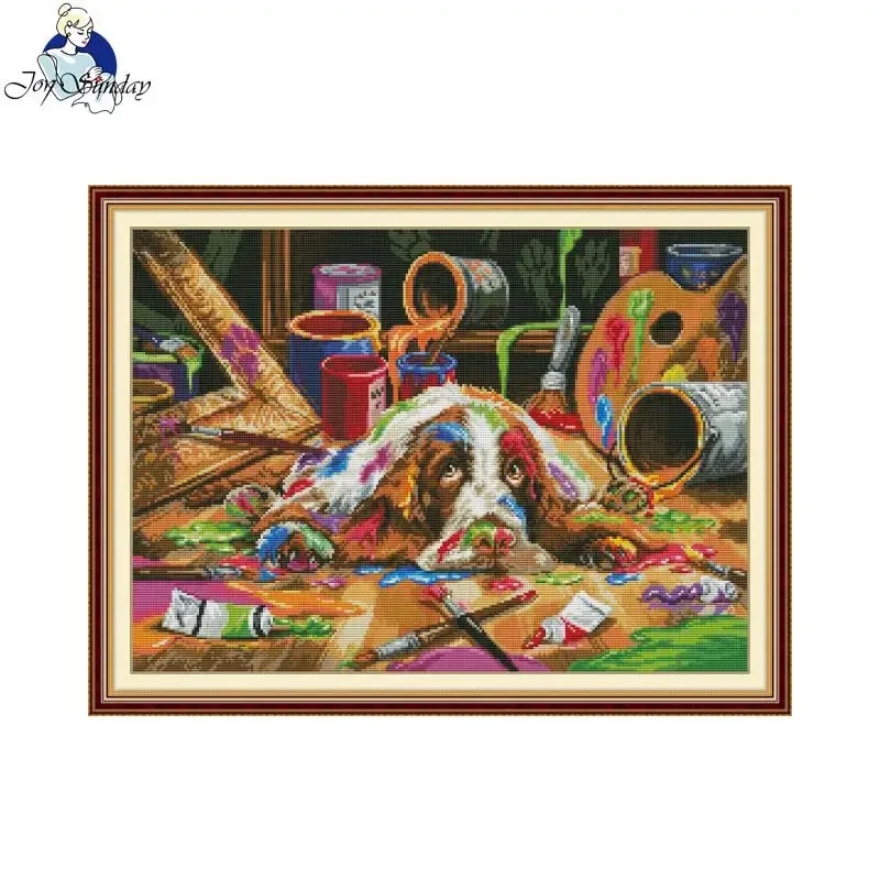 Joy Sunday Cross Stitch Kit Puppy Loves To Draw Patterns Printed Counted Aida Fabric 16/14/11CT Art Craft DIY Embroidery Kit New