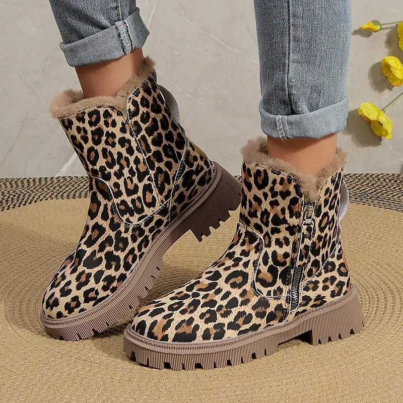 Thick Bottom Leopard Ankle Boots Women 2023 Winter Warm Thick Plush Snow Boots Woman Non Slip Platfrom Booties Mujer