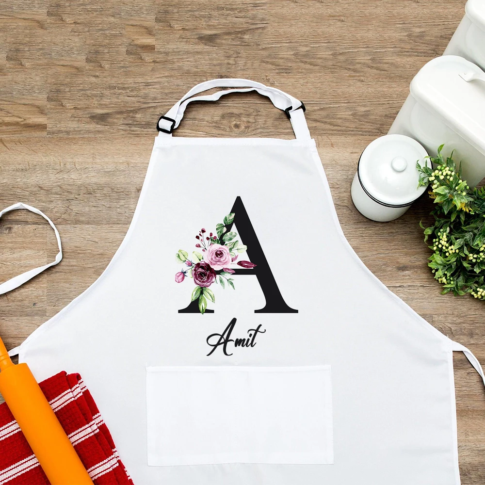 Personalized Kitchen Aprons Floral Initial W/Name Customized Women Cooking Apron W/Pockets Custom Chef White Gifts for Baking