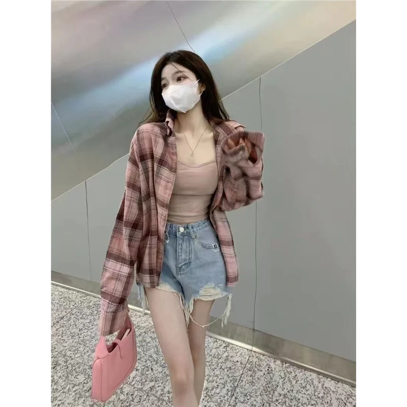 Karierte Hemdjacke mit POLO-Kragen, neues mittellanges Langarm-Oberteil für Damen