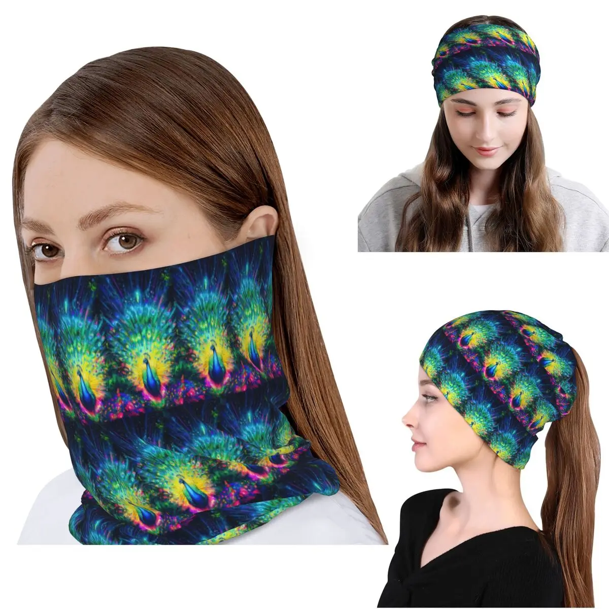 

Peacock Feathers Bandana Neck Cover Face Scarf Multi-use Headwear Beanies Hat for Men Women Adult All Season