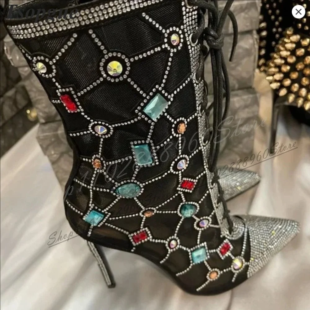 Botas de media pantorrilla con decoración de cristal de colores negros atadas cruzadas, tacón alto fino, punta estrecha, Zapatos de moda Para Mujer 2024