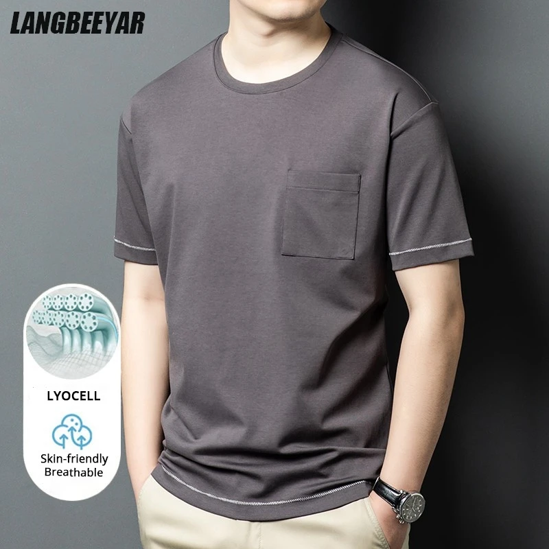 

High End Lyocell New Summer Brand Tops With Pocket Trending Loose Men t Shirt Classic Short Sleeve Casual Fashion Men Clothing