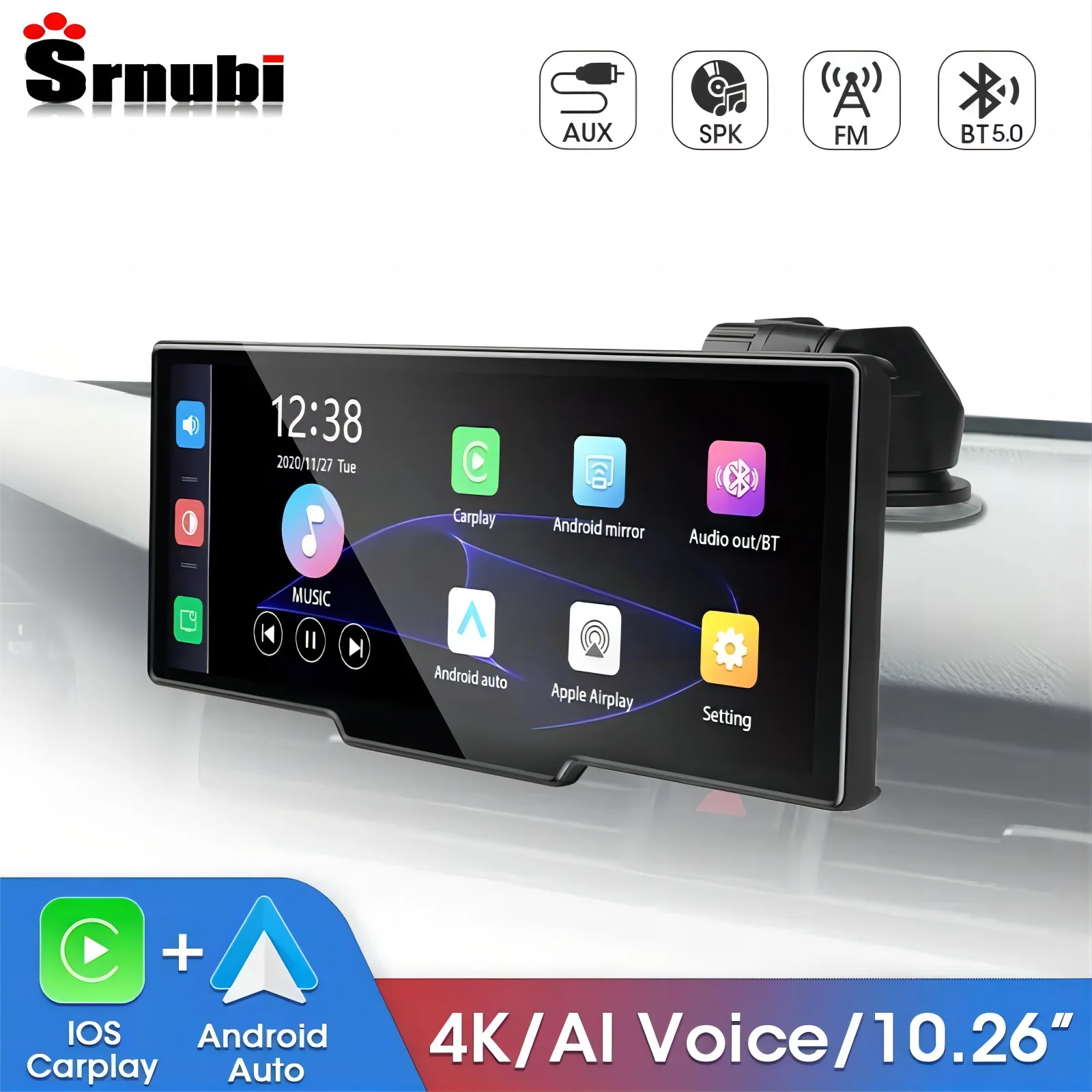 

Srnubi 10.26" Dash Cam 4K 2160P Rearview Camera Carplay & Android Auto DVR GPS Navigation Voice Control Car DVR 5G BT FM Monitor