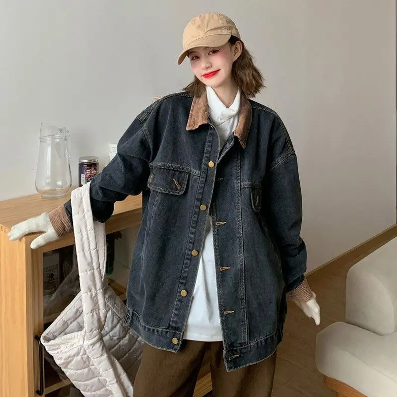 Women Vintage Jackets Spring Chic Denim Jacket College Style Girls Turn-down Collar Solid Color Long Sleeves Ladies Outwear M328