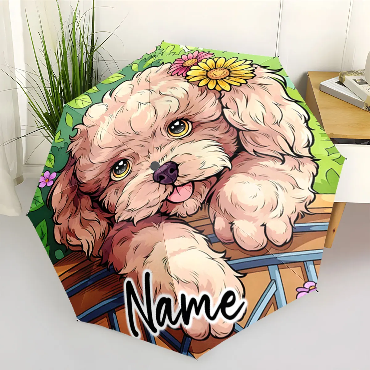 Custom Name Umbrella Cute Puppy Design on Umbrella Print 8 Iron Ribs Folding Umbrella Auto-Open Fashion Sunshade