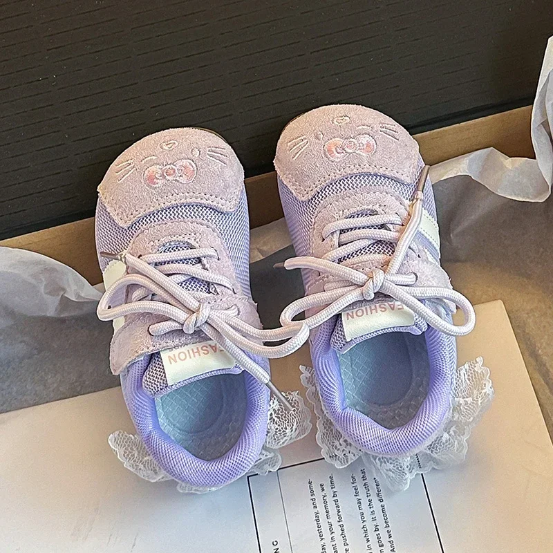 Little Girls Cute Cat Embroidery Sneakers, Lace Trim Hook and Loop Toddler Casual Walking Shoes Spring Autumn