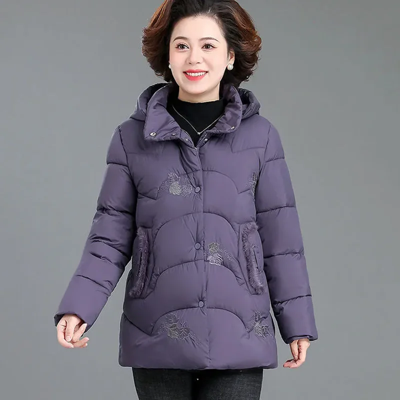 Chaqueta acolchada de algodón acolchada de invierno para mujer, Parkas gruesas de lana con capucha para abuela, abrigo de nieve bordado Retro holgado y cálido para mujer