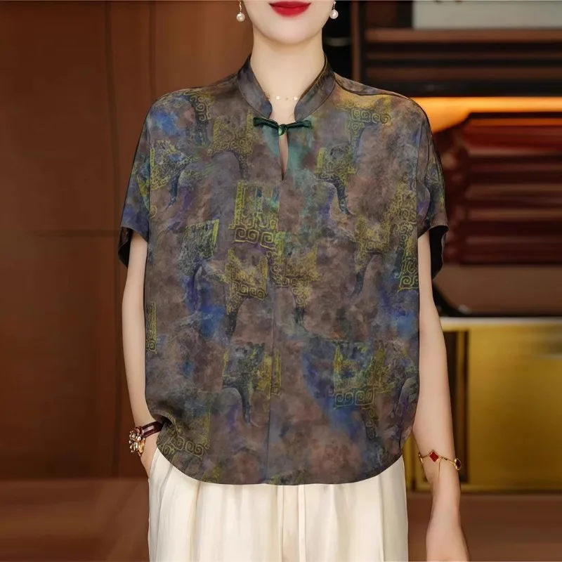 

Women's Retro Pattern Short Sleeve Mandarin Collar Blouse Casual Traditional Style Top