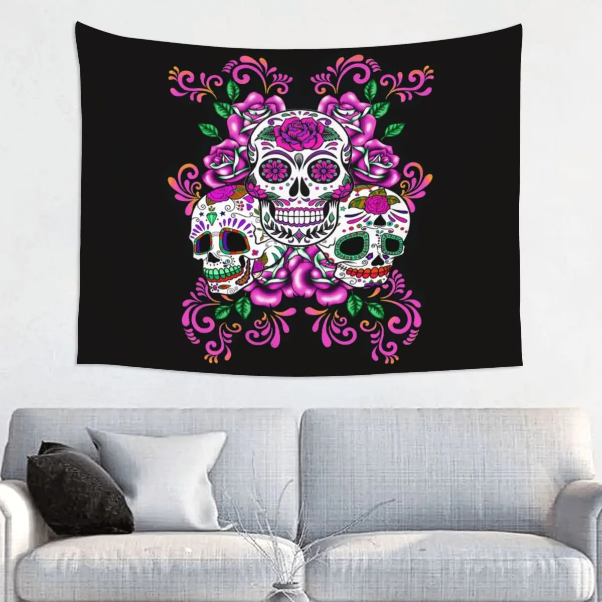 

Triple Skull Pink Floral Day Of The Dead Sugar Skulls Tapestries for Table Cloth Hippie Wall Hanging Tapestry Home Decor