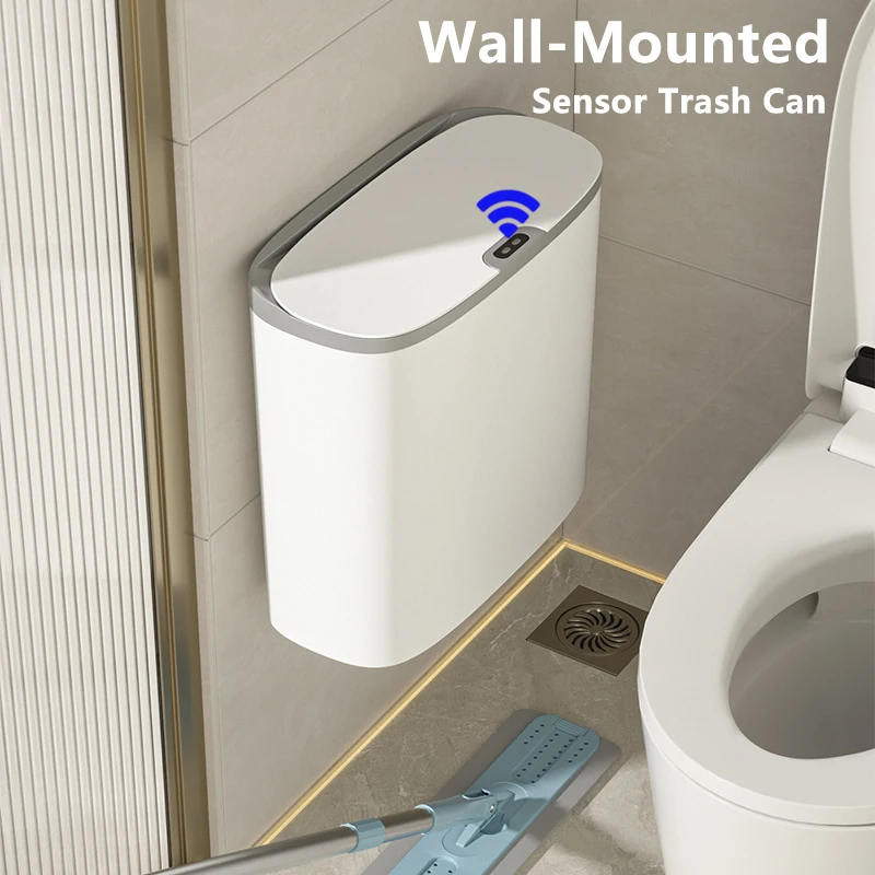 Cubo de basura inteligente para baño, papelera impermeable montada en la pared, Sensor automático, estrecho, cocina, 14L