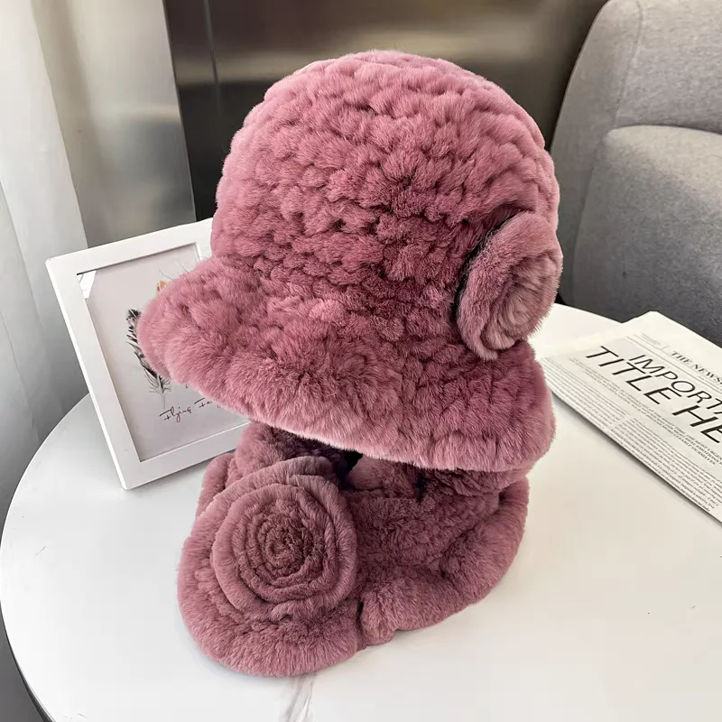 Cappelli a secchiello classici in pelliccia di coniglio peloso Sciarpe con volant Set di cappelli e sciarpe in vera pelliccia di coniglio Rex