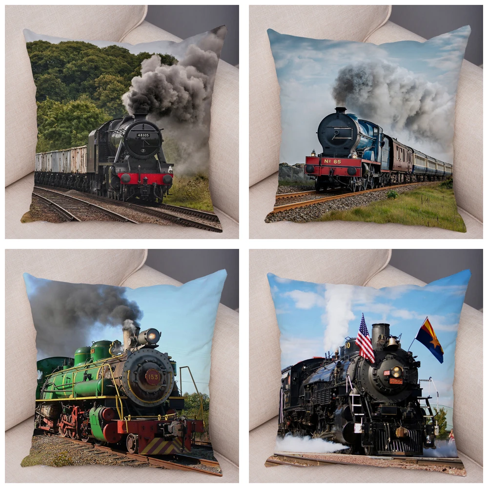 Vintage Style Steam Train Pillow Case Decor Retro Colorful Car Cushion Cover Super Soft Plush Pillowcase for Sofa Home 45x45cm