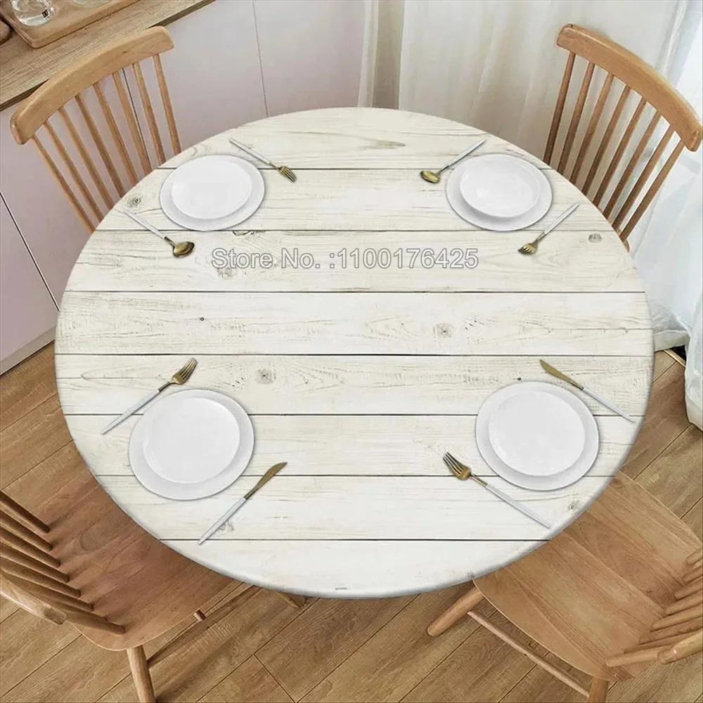 Wood Round Tablecloth for Indoor Outdoor Fitted Elastic Edge Table Cover Kitchen Home Decoration Table Linen Accessorie