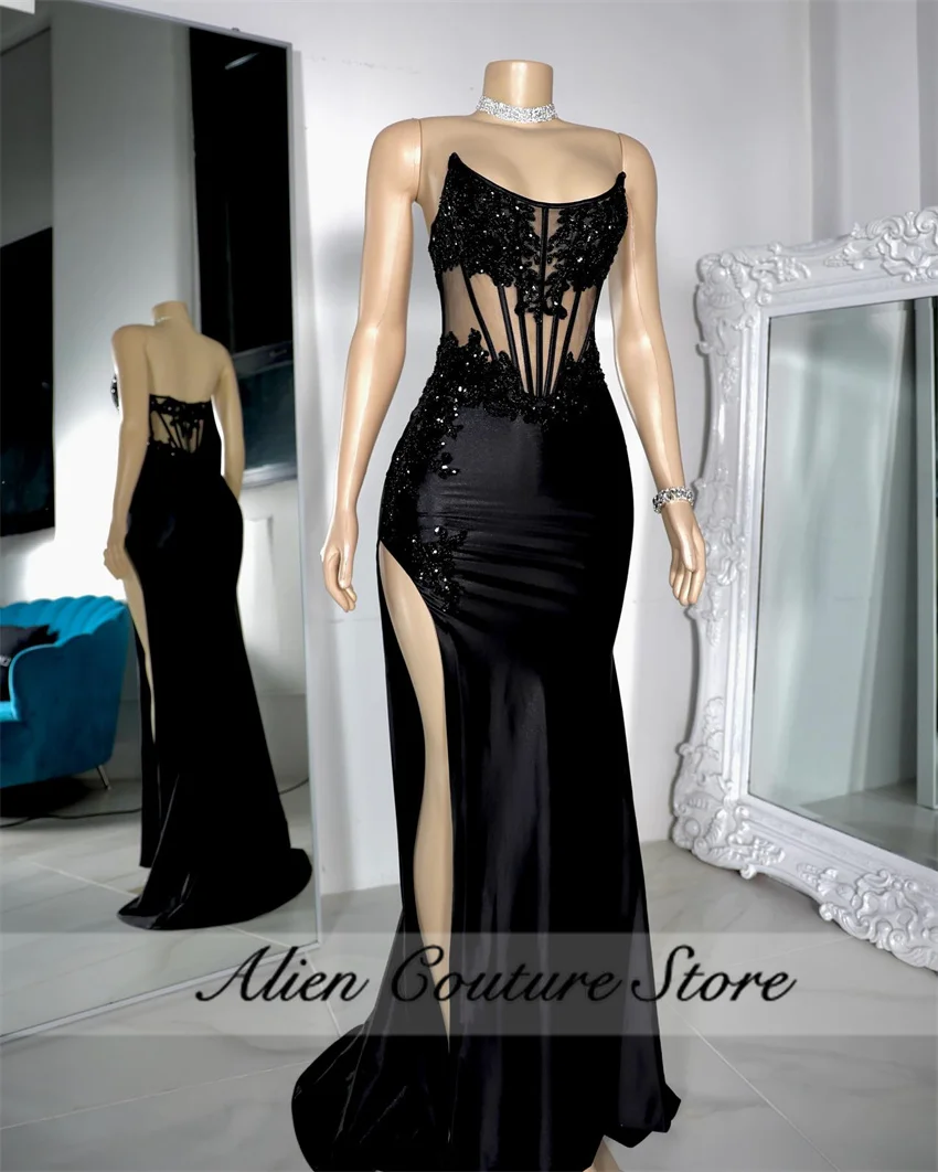 Elegant Black Long Mermaid Prom Dress For Black Girls Dress Birthday Senior Party Gown Luxury Dress 2024 Customized