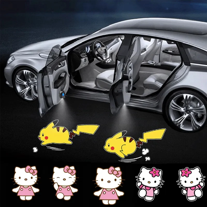 Kawaii Sanrio Car Door Welcome Light Atmosphere Light Hello Kitty Usb Car Dynamic Projector Door Light Cute Decoration Gift