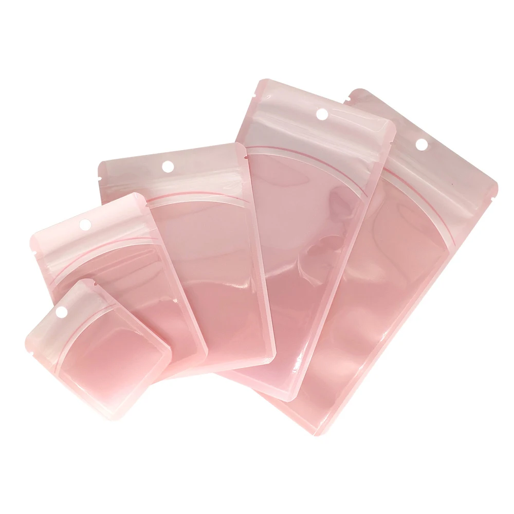 

Glossy Pink Pet Plastic Ziplock Mylar Bag Waterproof Reclosable Small Products Jewlery Earrings Packaging Bags with Hanging Hole