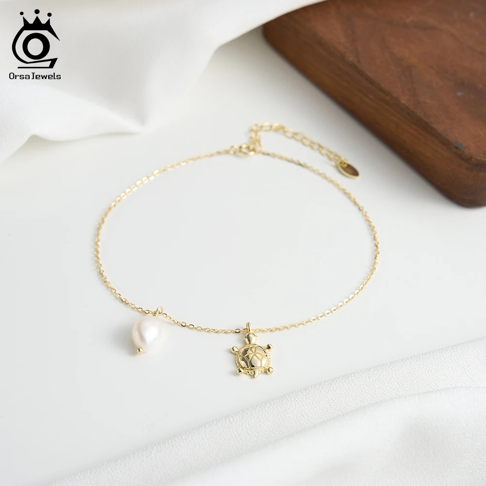 

ORSA JEWELS Elegant 925 Sterling Silver Sea Turtle Anklet for Women with Natural Pearl Foot Bracelet Straps Jewelry SA98
