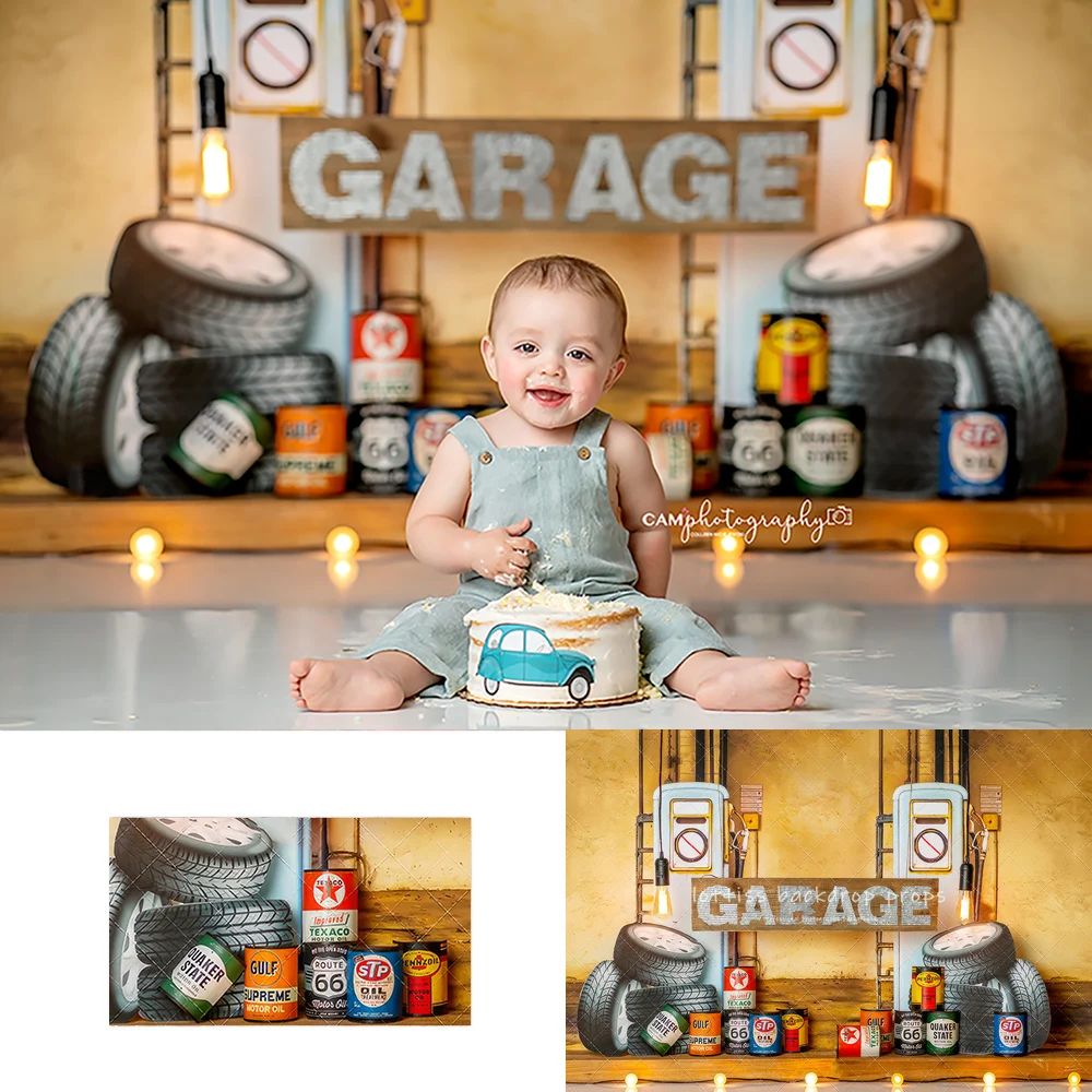 

Oiled Up Garage Theme Backdrops Kids Baby Photogrpaphy Child Baby Photocall Birthday Cake Smash Boy Racing Theme Backgrounds