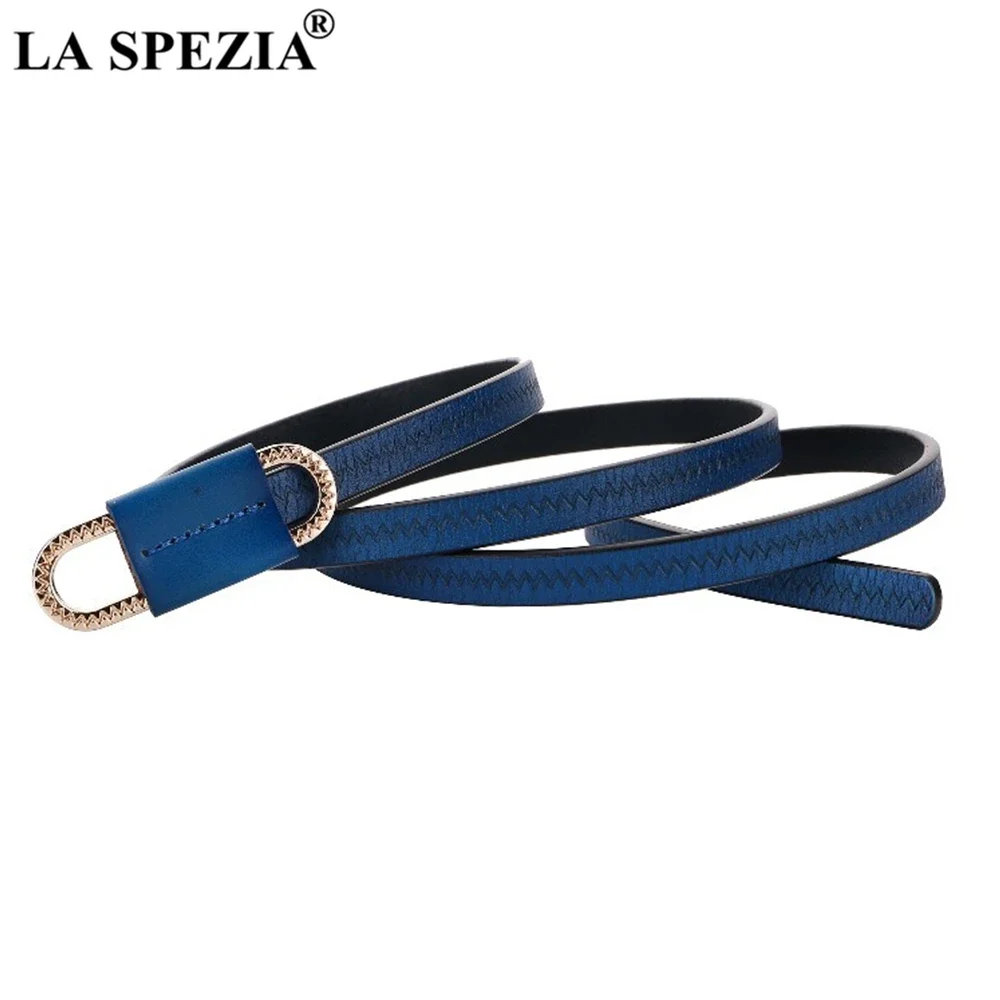 LA SPEZIA Vintage Women Belt Cowskin Thin Waist Belt Royal Blue Real Leather Women Self Tie Ladies Belt for Dress Strap Narrow