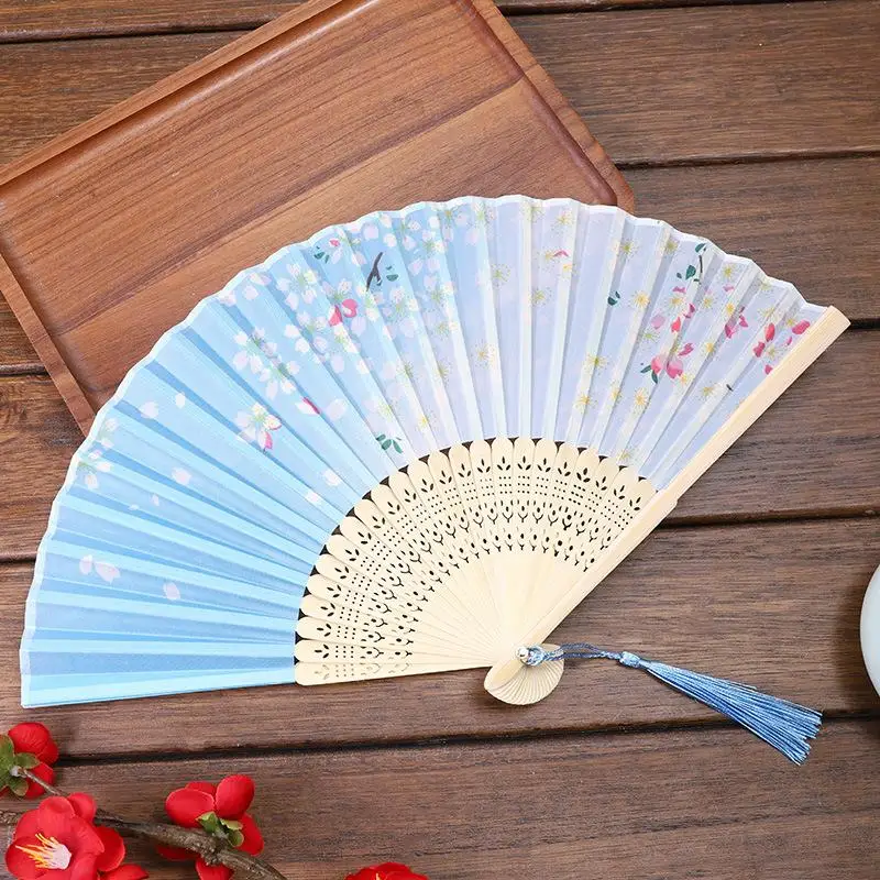 Chinese Japanese Folding Fan Wooden Shank Classical Dance Fan Tassel Elegent Female Fan Party Art Craft Gift Home Decoration