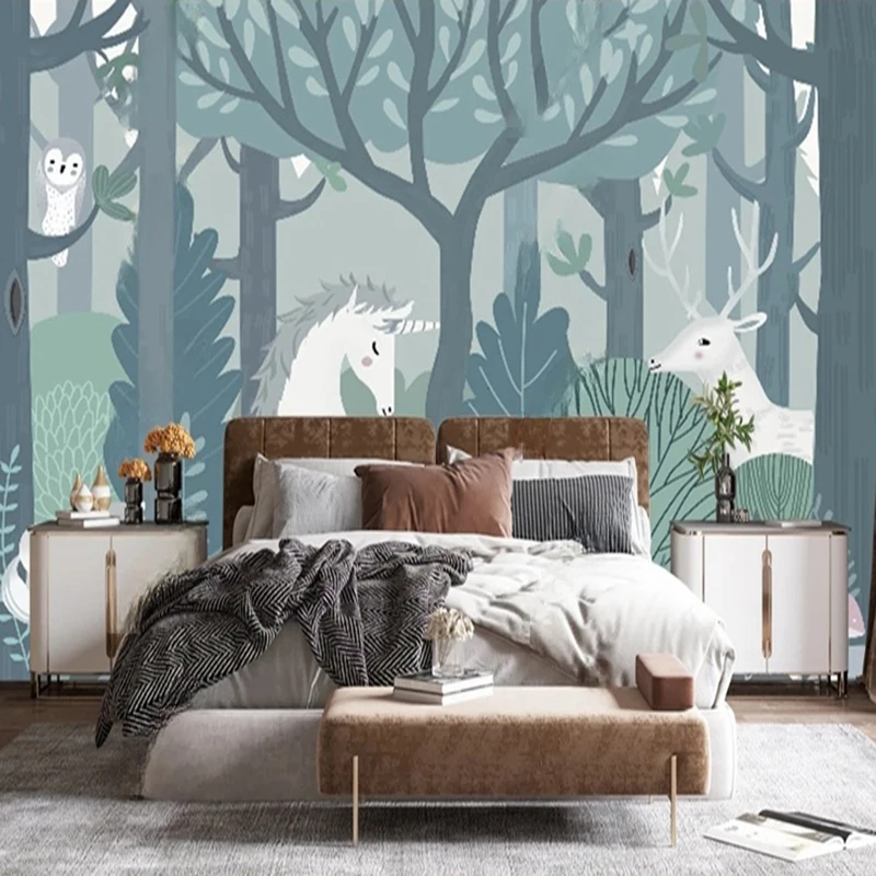 

Modern Minimalist Cartoon Animal Mural Custom Hand-Drawn Horse Deer Bird Forest Nursery Wallpaper for Children’s Bedroom Decor