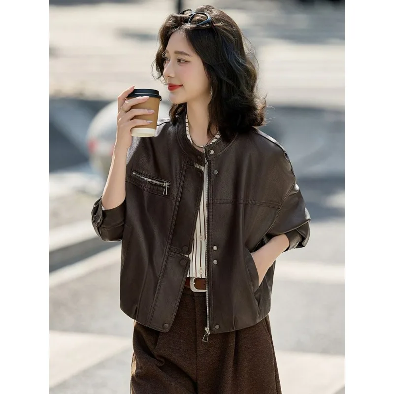 Stand-up Collar Cool Stylish Leather Jacket Women Spring and Autumn New Style High-end Versatile Elegant Pu Leather Jacket Top