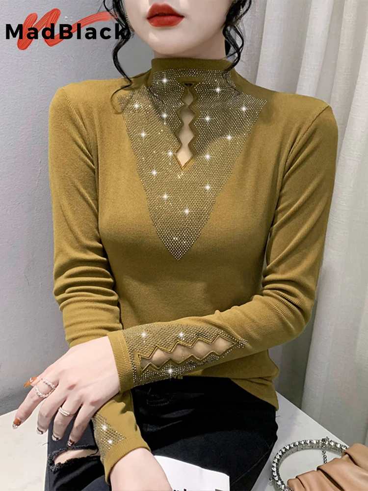 MadBlack High Collar T-Shirt Sexy Sheer Chiffon Long Lantern Sleeve Pearl Patchwork Women Elastic Tops Tee Autumn Winter T20616S