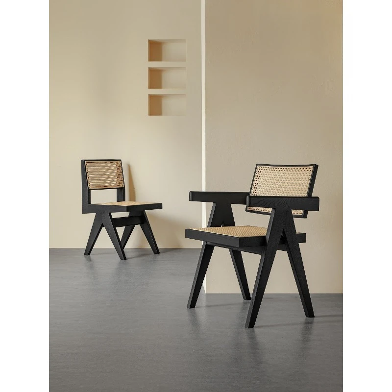 For Furniture Park Rattan Chair Modern Simple Chandigarh Chair Solid Wood Rattan Chair Backrest Armrest Black Home