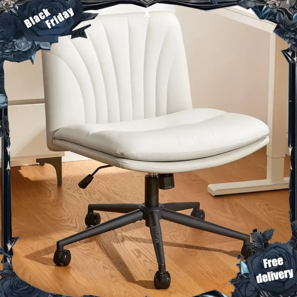 

Armless-Office Desk Chair with Wheels: PU Leather Cross Legged Wide Chair,Comfortable Adjustable Swivel Computer Task Chairs