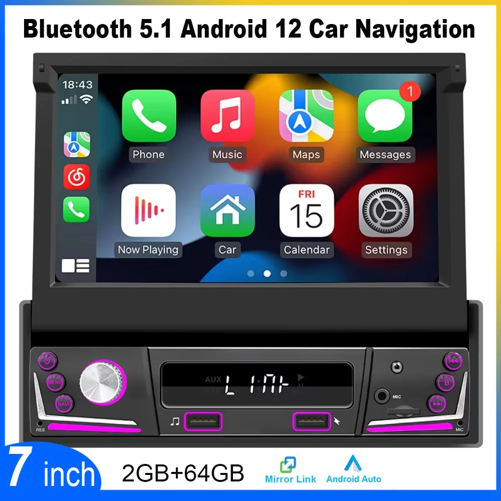مشغل أندرويد 12 2 + 64 جيجابايت شاشة 7 بوصة قابلة للسحب بلوتوث 5.1 RDS ستيريو للسيارة وصلة مرآة مناسبة لراديو السيارة Carplay Wifi GPS #2