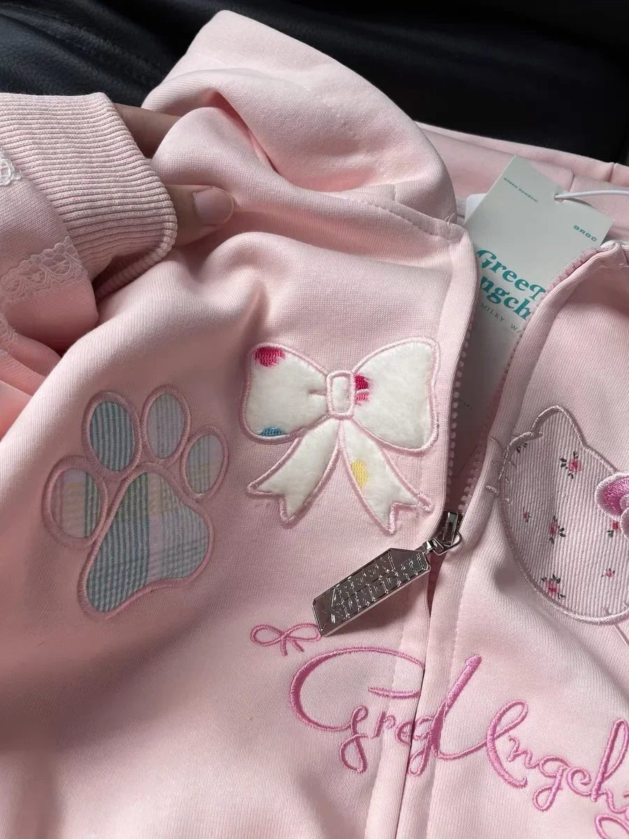 Harajuku High Quality Embroidery Hoodie Jacket Sweet Cute Cat Cartoon Sweatshirts Coat Oversize Lolita Y2k Girl Kawaii Japanese