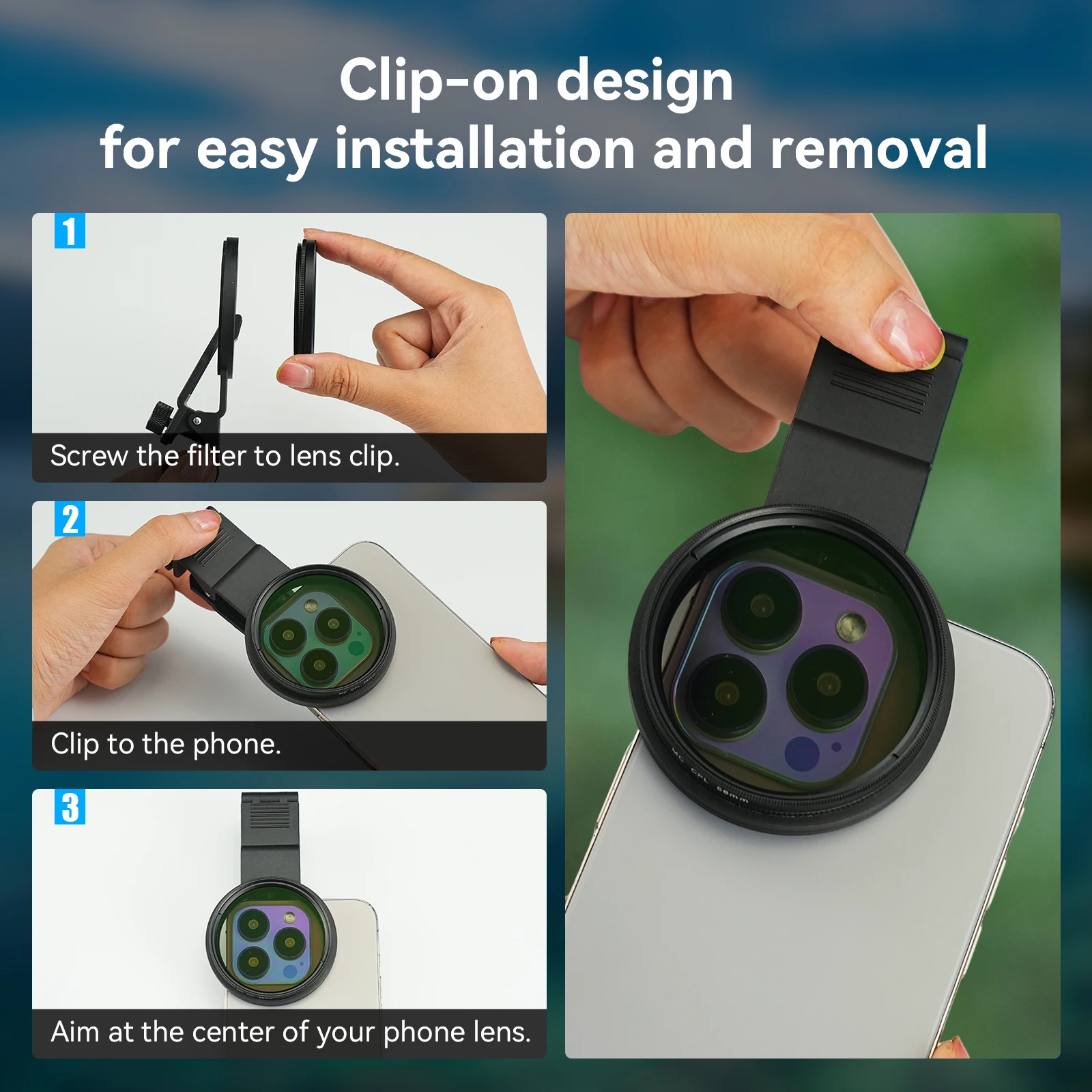 APEXEL 58mm CPL Filter for Phone Camera Lens Universal Clip On Circular Polarizer Lens Filter for iPhone Android Photography NEW view 5