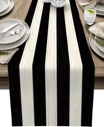 Black and White Striped Linen Table Runners Farmhouse Retro Rustic Wood Texture Durable Table Runner Kitchen Dining Party Decor