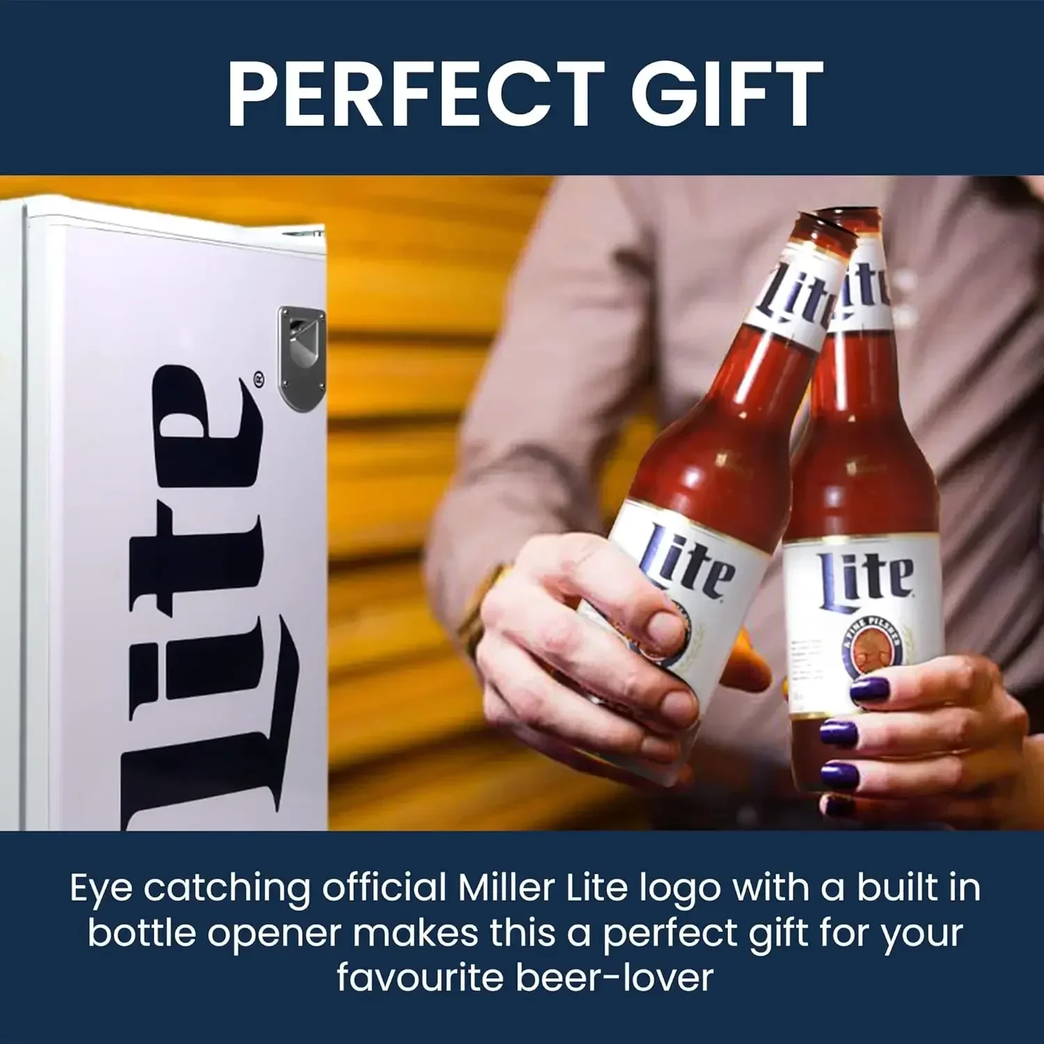 Miller Lite koelkast van 3,2 cu ft (90 liter, witte compacte koelkast, flesopener, ruimtebesparend ontwerp met platte achterkant, omkeerbare deur