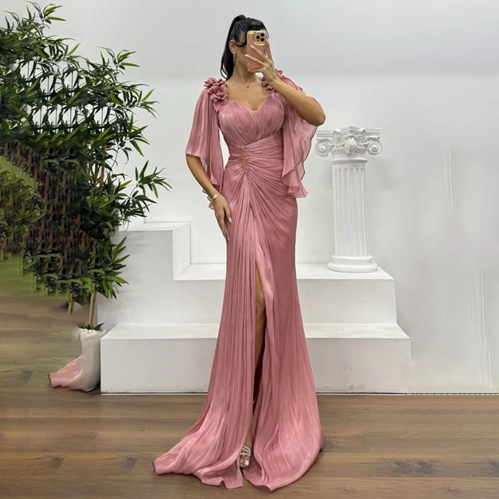 

Custom Made Elegant Sweetheart Collar Crepe Sheath Evening Dress Backless Floor Length Side Slit Saudi Arab Dress with Flowers
