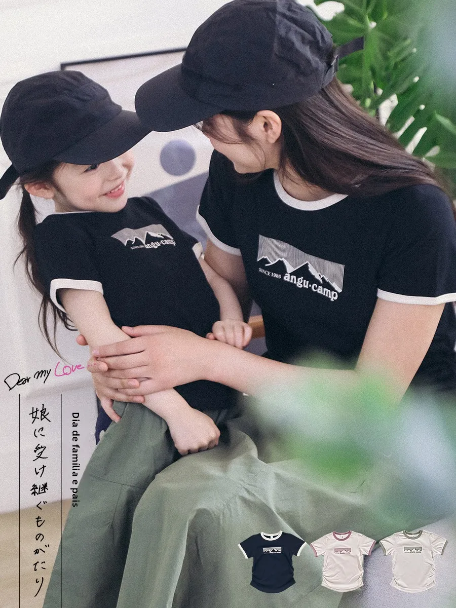 純綿半袖tシャツ-女の子用-ゆったりとした着心地-通気性抜群-夏の新作-子供用トップス-親子お揃いコーデ
