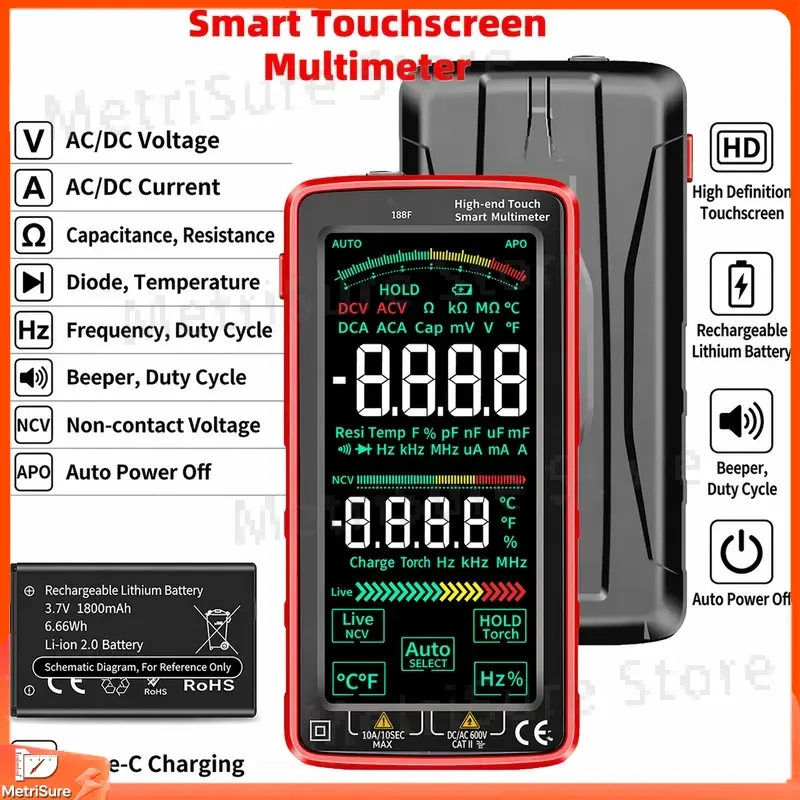 Capacitance Meter Digital Multimeter with Touch Color Screen AC DC Voltage Current Resistance Capacitor Testing Temperature