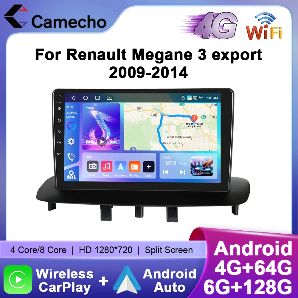 Camecho autoradio pour Renault Megane 3 2009-2014 sans fil CarPlay Android Auto lecteur multimédia 6 + 128G WIFI 4G Mirrorlink GPS