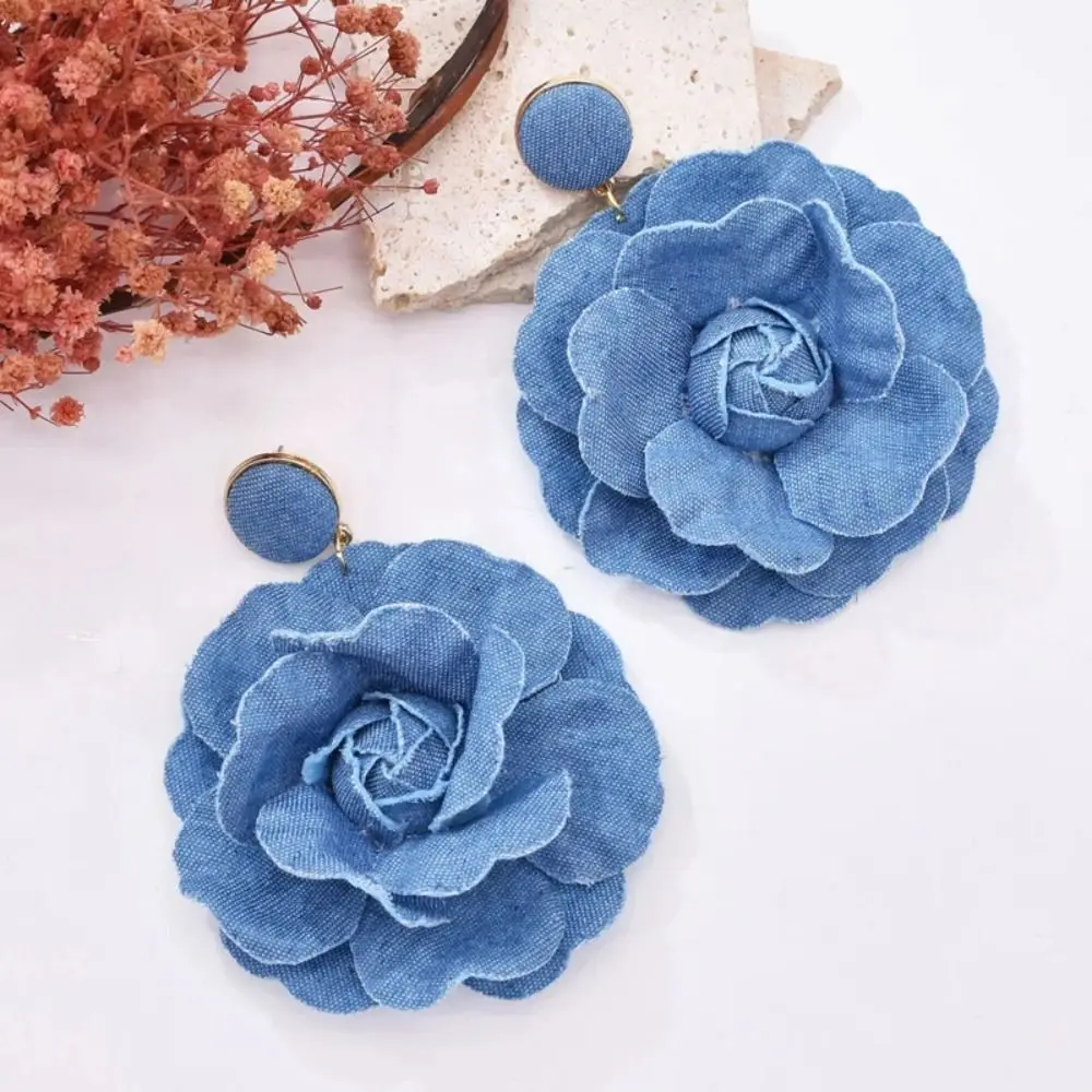 Fashion Blue Rose Earrings Handmade Denim Blue Fabric Earrings For Women Exaggerate Camellia Floral Earrings Party Jewelry Gifts