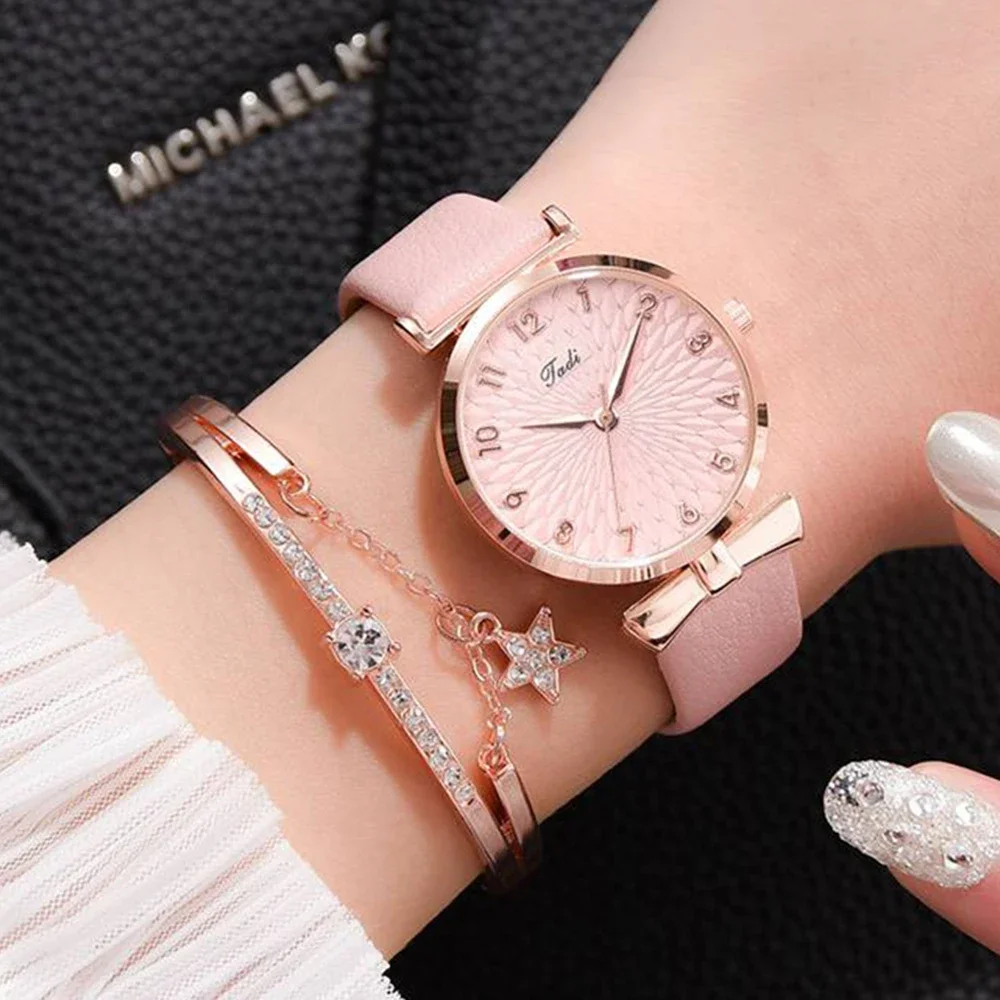 Women Watches Bracelet Set Flowers Ladies Bracelet Watch Casual Leather Quartz Wristwatch 2pcs Set Clock Gifts Relogio Feminino