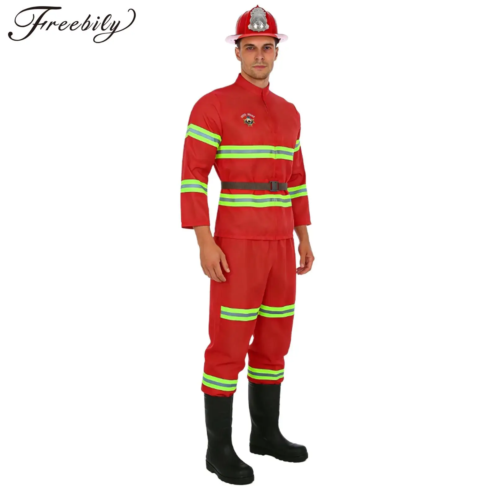 Disfraz de Bombero para Hombre, Halloween, Carnaval, Cosplay, Chaqueta de Manga Larga con Pantalones, Cinturón, Casco de Plástico, Franjas Reflectantes
